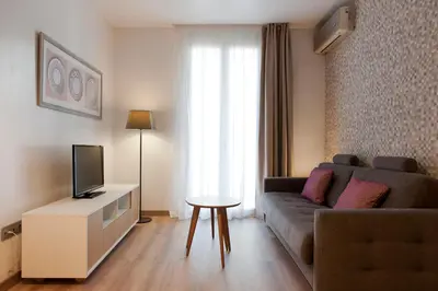 a living room with a couch and a tv at MH Apartments S. Familia in Barcelona