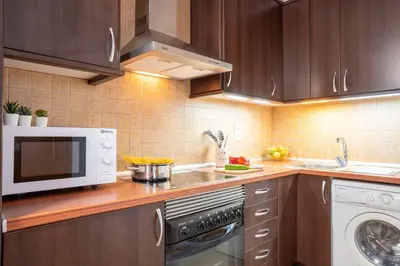 a kitchen with a microwave oven and a stove at Feelathome Center Apartments in Barcelona