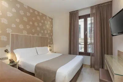 a hotel room with a bed and a window at Hotel Santa Marta in Barcelona