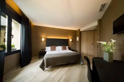 a bedroom with a bed and a large window at Hotel Paseo de Gracia in Barcelona