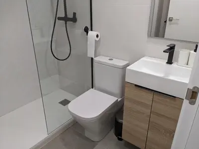 a bathroom with a shower and a toilet and a sink at WEFLATING Fira in Hospitalet de Llobregat