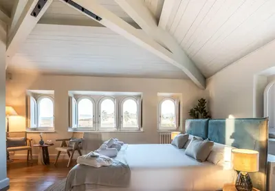 a bedroom with a large bed in a room with windows at Hotel Font de la Canya in Avinyonet