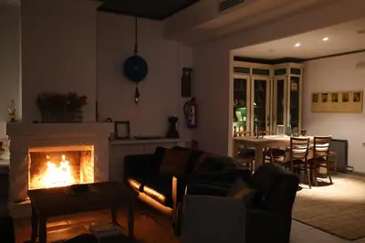 a living room with a fireplace and a dining room at El Cedre Blau Vivienda con piscina en Granollers in Granollers