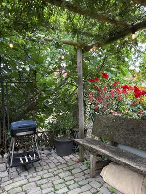 a barbecue grill and a bench in a garden at Suíte Sant Sebastià con jacuzzi, sauna y jardín in Moià