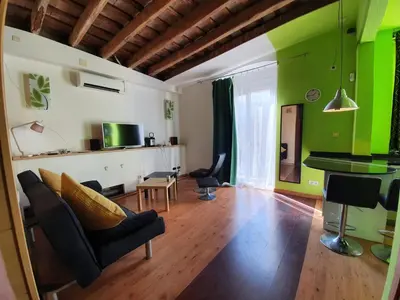 a living room with green walls and wooden floors at Apartamento Llibertat centro in Vilanova i la Geltrú