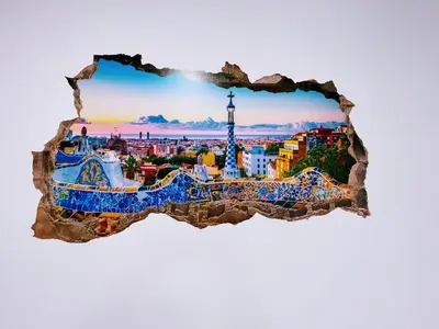 a hole in the wall with a view of the city at Magnifico Apartamento Barca 4 in Sant Adria de Besos