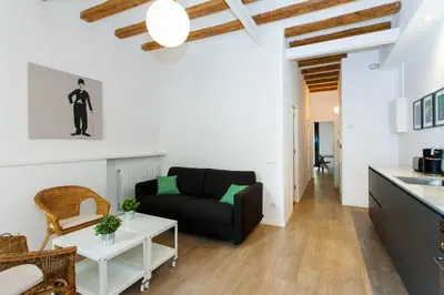 a living room with a black couch and a table at Gracia Terrace in Barcelona