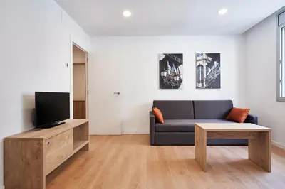 a living room with a couch and a tv at Aparthotel Augusta in Barcelona