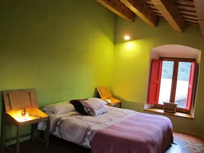 a green bedroom with a bed and a window at Mas Can Puig de Fuirosos ONLY ADULTS in La Batlloria