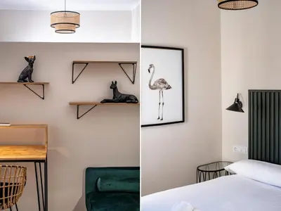 a bedroom and a room with a bed and a cat on shelves at BeBarceloner Sant Andreu Apartments - 1 bedroom with terrace in Barcelona